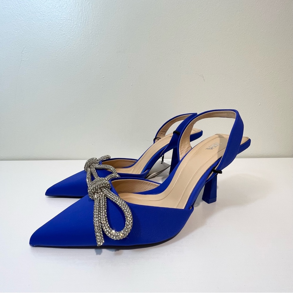 NWT Zara - Crystal Bow Pointed Toe Satin Slingback Pump Blue Size 36